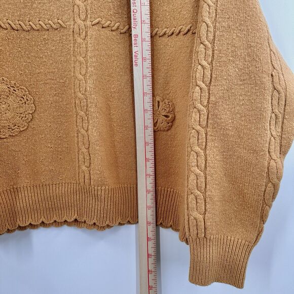 VTG Lambs Wool Turtleneck Sweater M 40 Pullover Cable Knit Crochet Rosette Brown - Picture 6 of 8